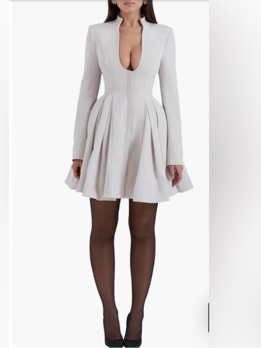 House of CB White Long-Sleeve Pleated Mini Dress